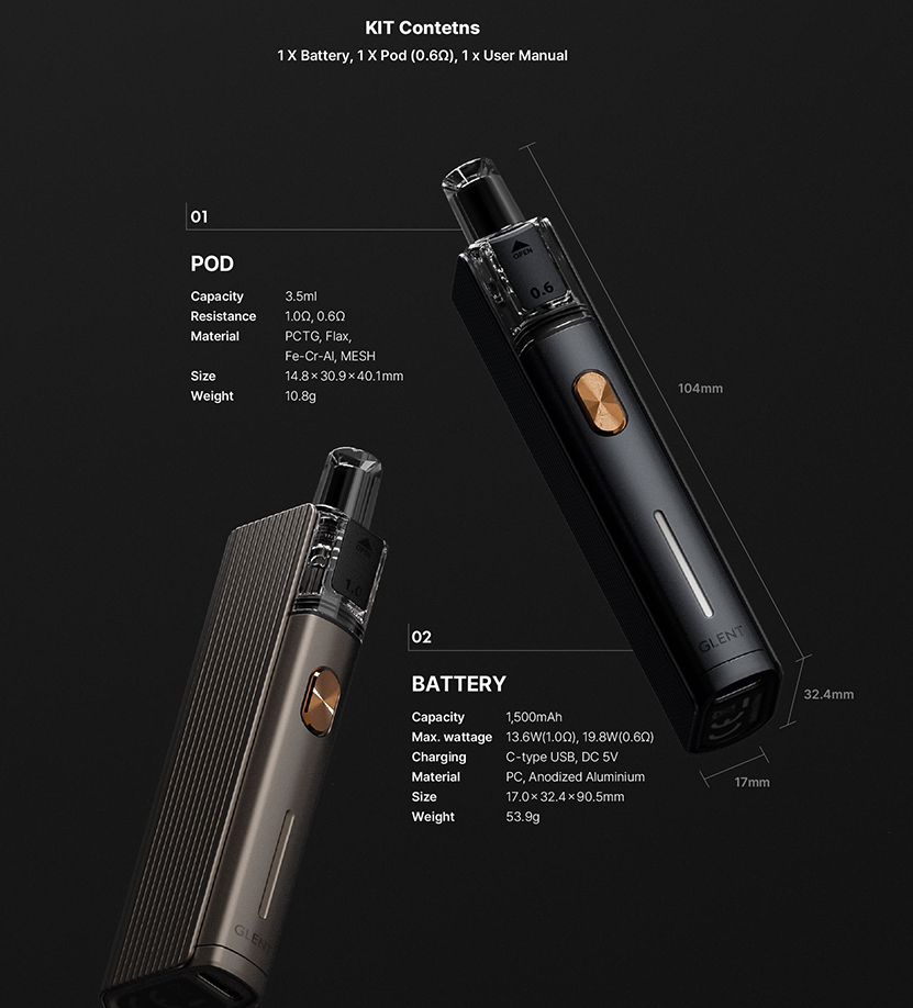 Justfog Glent Pod Kit Specification