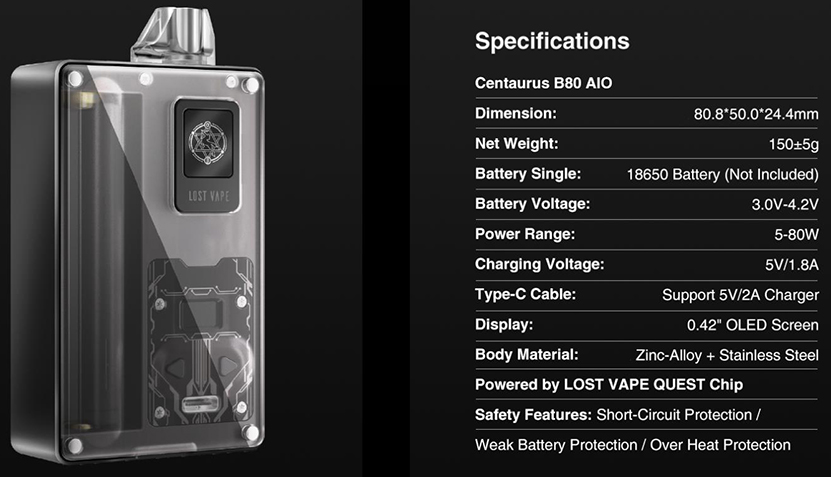 Lost Vape Centaurus B80 AIO Kit Specifications