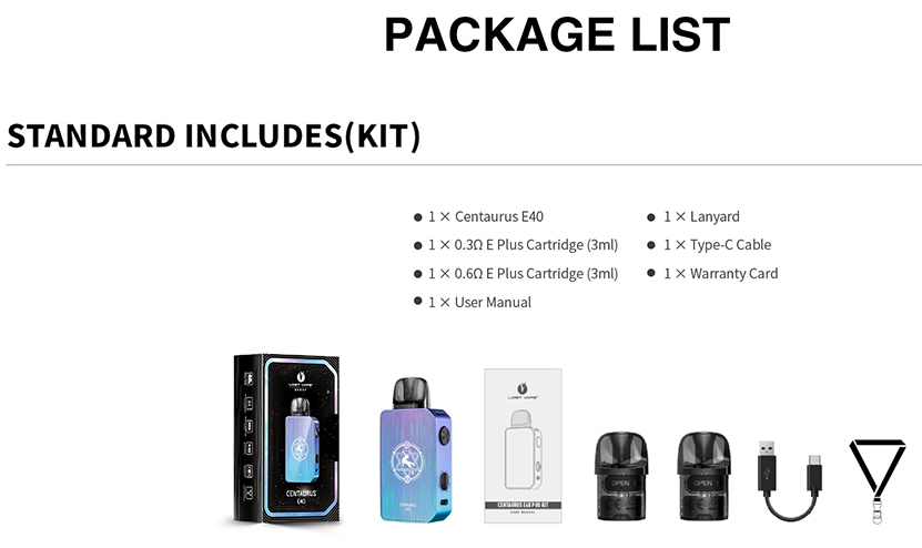 Lost Vape Centaurus E40 Kit Packing List