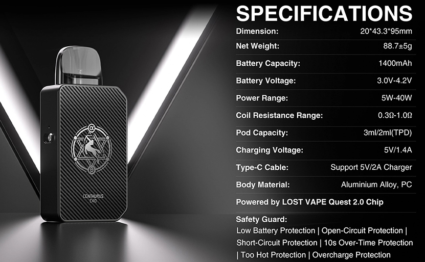 Lost Vape Centaurus E40 Kit Specifications