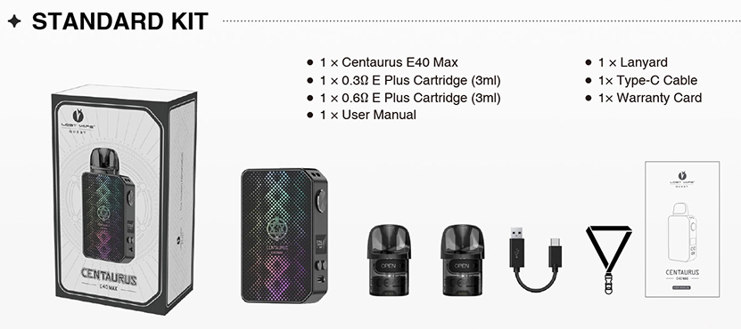 Lost Vape Centaurus E40 Max Kit Packing List