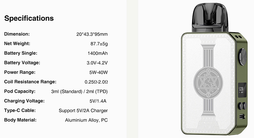 Lost Vape Centaurus E40 Max Kit Specifications