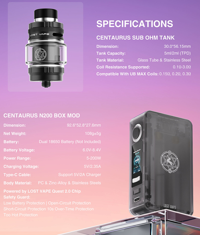 Lost Vape Centaurus N200 Kit Specifications