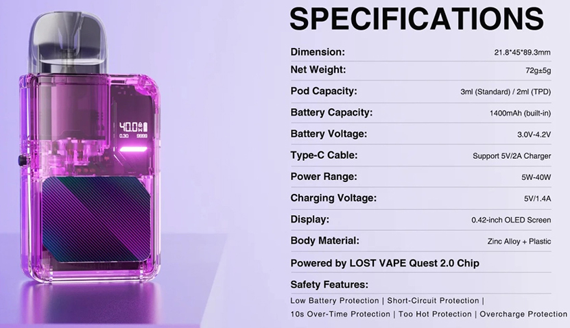 Lost Vape Thelema Elite Art 40 Kit Specifications