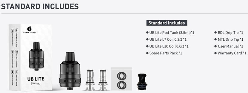 Lost Vape UB Lite Pod Tank Package List