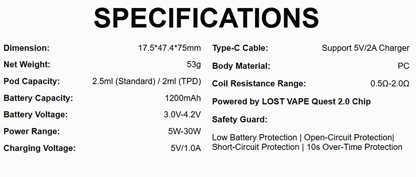 Lost Vape Ursa Baby 3 Kit Specification