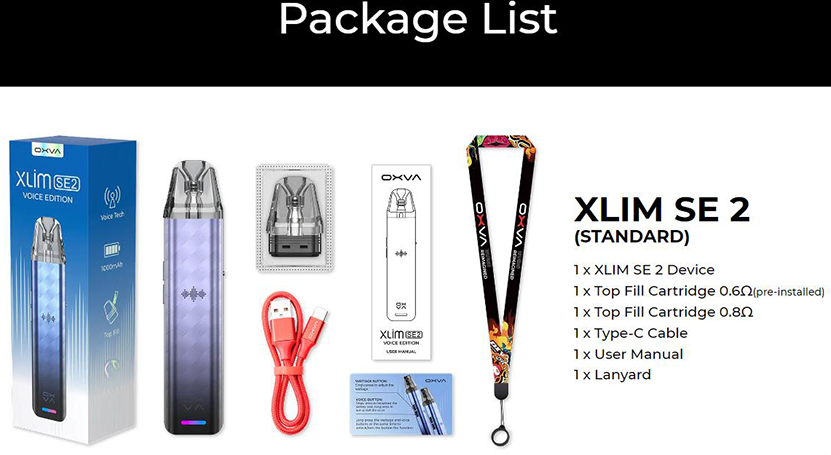 OXVA Xlim SE 2 Kit Package List