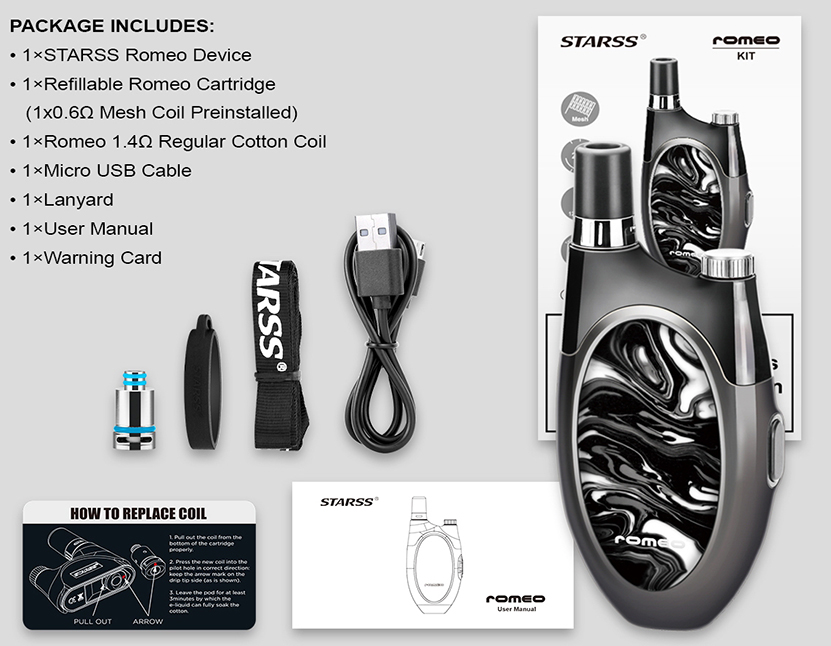 Starss Vape Romeo Pod Starter Kit Packing Contents