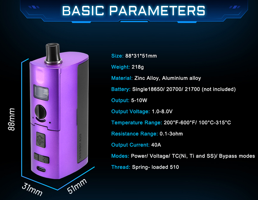 Steam Crave Meson AIO Kit Parameters