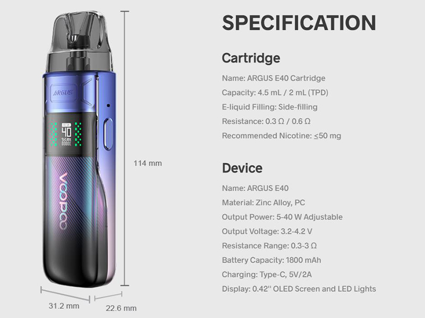 VOOPOO Argus E40 Kit Specifications