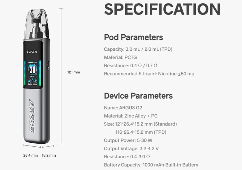 VOOPOO Argus G2 Kit Specifications