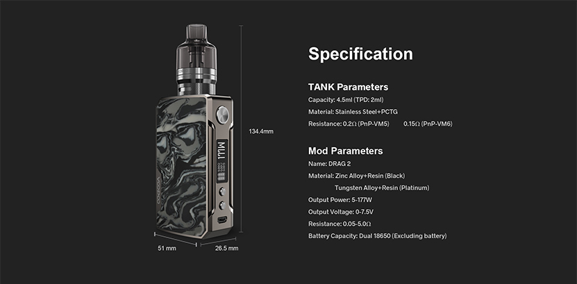 VOOPOO Drag 2 Kit Platinum Refresh Edition Specification