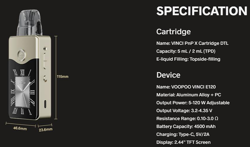 VOOPOO VINCI E120 Kit Specifications