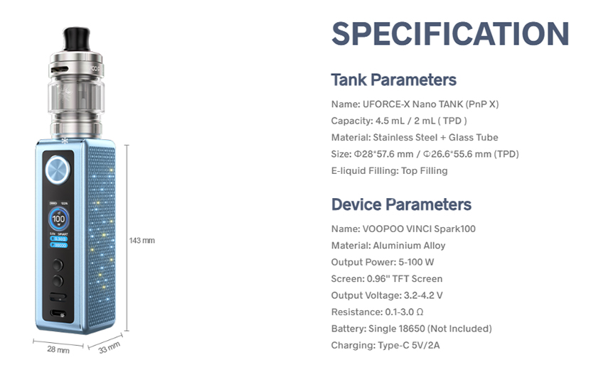 VOOPOO Vinci Spark 100 Kit Specification