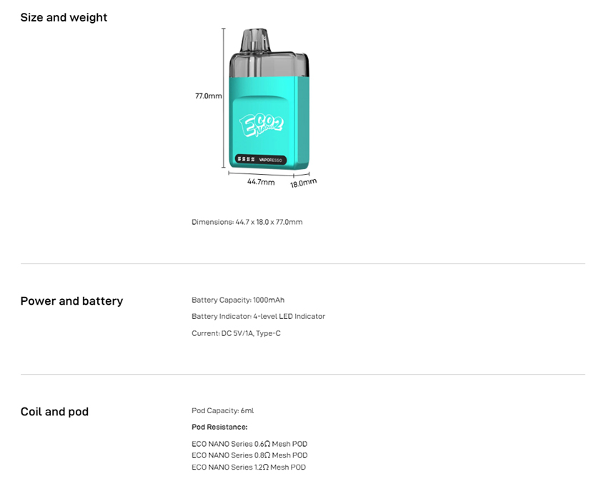 Vaporesso ECO Nano Kit Specification