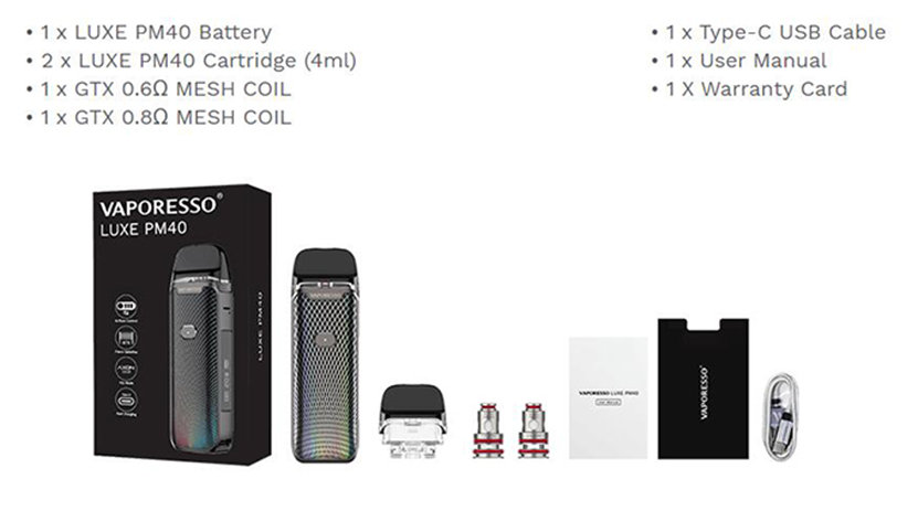 Vaporesso Luxe PM40 Kit Contents