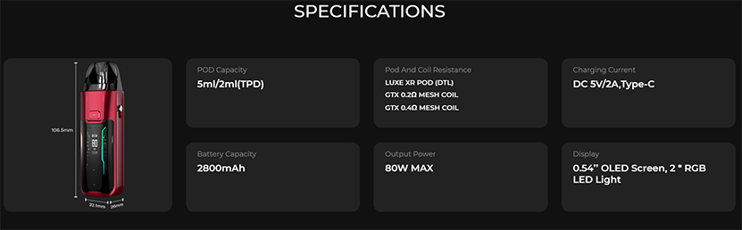 Vaporesso Luxe XR Max Kit CMF Version Specification
