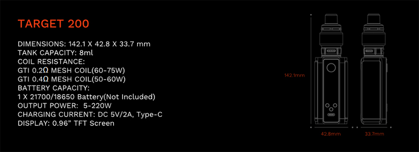 Vaporesso Target 200 Kit Specification