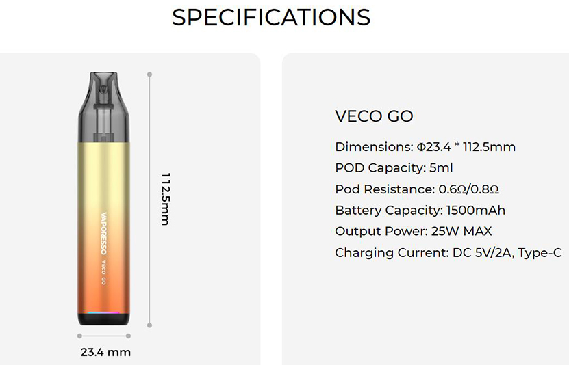 Vaporesso Veco Go Kit Specifications