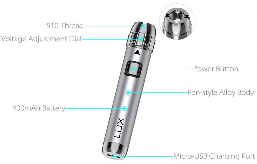 Yocan LUX 510 Threaded Vape Pen Battery 400mAh